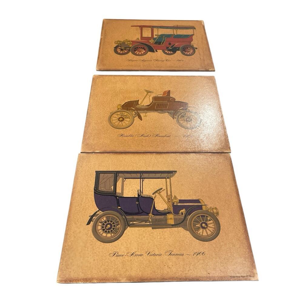 Vintage Automobile Art Collection Early 1900s Cars Collection 3 piece set
